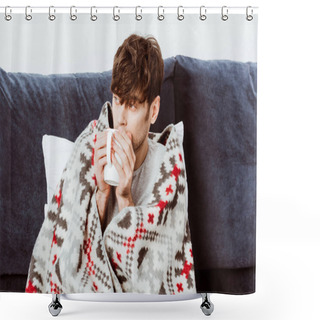 Personality  Selective Focus Of Sick Man Wrapped In Blanket Drinking Tea In Bed At Home  Shower Curtains