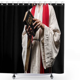 Personality  Cropped View Of Man Holding Book With Holy Bible Lettering Isolated On Black  Shower Curtains