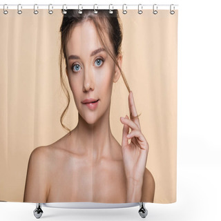 Personality  Pretty Model Touching Hair And Biting Lip Isolated On Beige  Shower Curtains