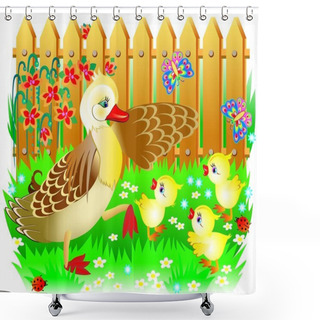 Personality  Illustration Of Duck With Three Little Ducklings. Shower Curtains