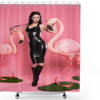 Personality  Lovely Fetish Woman In Bdsm Clothes Posing On Pink Background With Flamingo Birds Shower Curtains