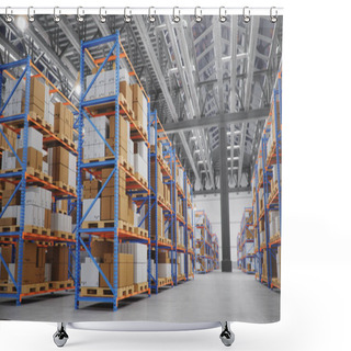 Personality  Warehouse With Cardboard Boxes Inside On Pallets Racks, Logistic Shower Curtains