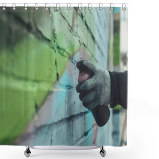 Personality  Cropped View Of Man Painting Colorful Graffiti On Wall Shower Curtains