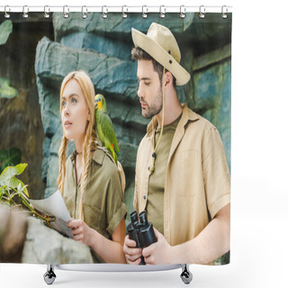 Personality  Beautiful Young Couple In Safari Suits With Parrot Trying To Navigate In Jungle Shower Curtains