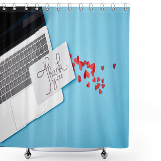 Personality  Top View Of Laptop And Card With Thank You Lettering And Paper Hearts On Blue Background Shower Curtains