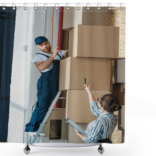 Personality  Businesswoman Giving Instructions To Delivery Man On A Ladder Shower Curtains