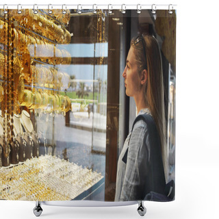 Personality  Woman On Gold Market In Sharjah City, United Arab Emirate Shower Curtains