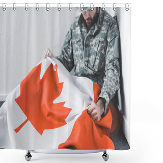 Personality  Depressed Man In Military Uniform Sitting On Floor In Corner And Holding Canada National Flag Shower Curtains