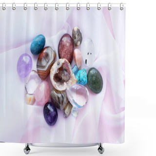 Personality  Tumbled And Rough Gemstones And Crystals Of Various Colors. Amethyst, Rose Quartz, Agate, Apatite, Aventurine, Olivine, Turquoise, Aquamarine, Rock Crystal On White Transparent Fabric. Shower Curtains