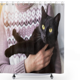 Personality  Beautiful Bombay Black Cat With Yellow Eyes On Owner Hands In Sunlight Shower Curtains