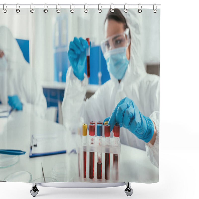 Personality  Biochemist Holding Test Tube With Blood Sample Near Colleague In Laboratory Shower Curtains