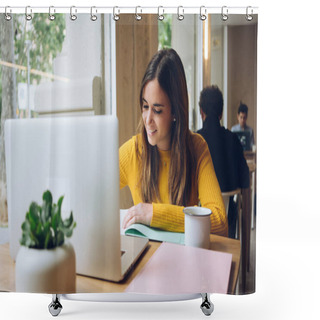 Personality  Attractive Business Woman Sitting At Table In Cafe And Writing In Notebook. Using Laptop, Smartphone And Cup Of Coffee. Freelancer Working In Coffee Shop. Student Learning Online. Shower Curtains