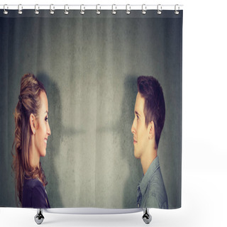 Personality  Side View Of Liar Man And Woman Cheating To Each Other Having Problems In Marriage.  Shower Curtains