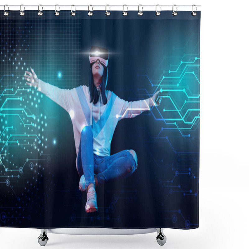 Personality  KYIV, UKRAINE - APRIL 5, 2019: Young Woman In Virtual Reality Headset With Joystick And Outstretched Hands Flying In Air Among Glowing Data Illustration On Dark Background  Shower Curtains