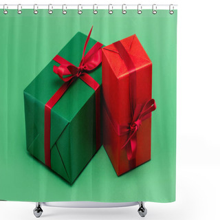 Personality  Two Colorful Present Boxes With Red Ribbons And Bows On Green Background Shower Curtains