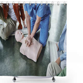 Personality  First Aid Hands-on Learning, Cropped View Of Healthcare Worker Doing Chest Compressions On CPR Manikin Near Young Participants, Life-saving Skills And Emergency Preparedness Concept Shower Curtains