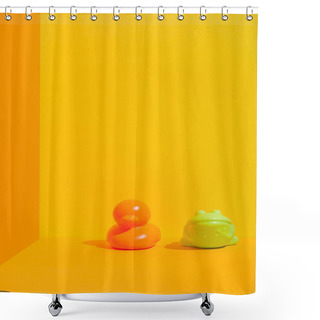 Personality  Duck And Frog Bath Toys On Yellow With Copy Space Shower Curtains