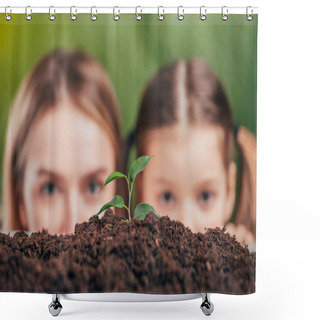 Personality  Selective Focus Of Woman And Girl Looking At Young Growing Plant On Blurred Background, Earth Day Concept Shower Curtains
