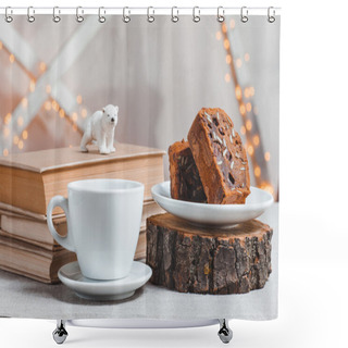 Personality  Composition Books, Polar Bear, Chocolate Cake And Cup Of Coffee On Light Background Shower Curtains