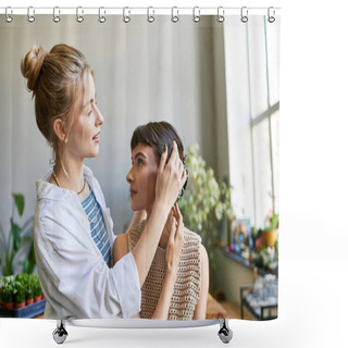 Personality  A Woman Lovingly Styles Another Womans Hair In An Art Studio. Shower Curtains