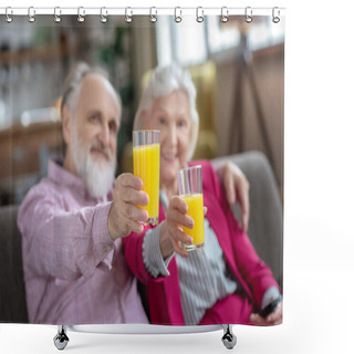 Personality  Married Senior Couple Having Orange Juice And Feeling Great Shower Curtains