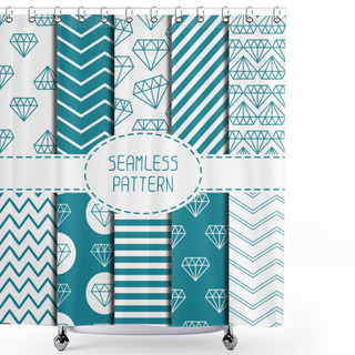 Personality  Set Of Blue Hipster Fashion Geometric Seamless Pattern With Diamond. Chevron Zigzag Stripes. Wrapping Paper. Paper For Scrapbook. Vector Background. Tiling. Stylish Graphic Texture. Shower Curtains