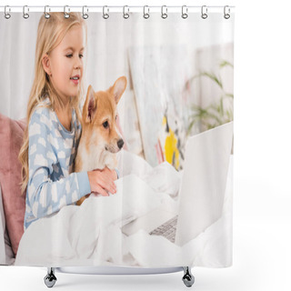 Personality  Smiling Child Lying In Bed, Hugging Corgi Dog And Using Laptop At Home Shower Curtains