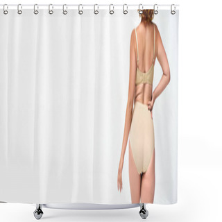 Personality  Back View Of Plus Size Model In Beige Lingerie With Hand On Waist On White, Horizontal Banner Shower Curtains