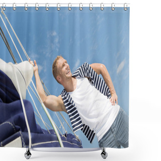 Personality  Blond Handsome Young Man On Sailing Boat. Shower Curtains