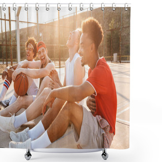 Personality  Group Of Laughing Multiethnic Friends Basketball Players Sitting At The Sports Ground, Talking Shower Curtains