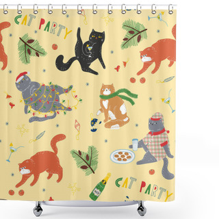 Personality  Cute Bright Christmas Pattern With Cute Funny Cats At The Cat Party. Cute Bright Christmas Pattern With Cute Funny Cats At The Cat Party. Cats In Funny Poses And Christmas Attributes. Shower Curtains