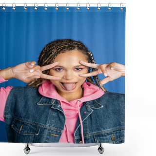 Personality  African American Woman With Dreadlocks Showing V Sign With Hands And Sticking Out Tongue On Blue Shower Curtains