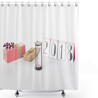 Personality  Close Up View Of Blank Calendar, Sand Clock And Wrapped Gifts Isolated On White Shower Curtains