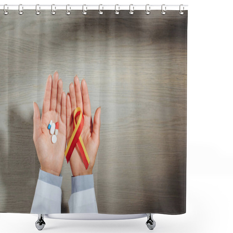 Personality  Cropped Image Of Female Doctor Holding Ribbon And Pills, World Hepatitis Day Concept Shower Curtains