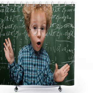 Personality  Surprised Kid In Glasses Looking At Camera Near Chalkboard With Mathematical Formulas  Shower Curtains