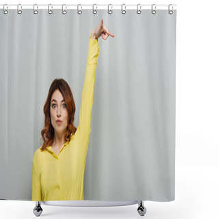 Personality  Curly Young Woman Pouting Lips And Pointing With Finger Isolated On Grey  Shower Curtains