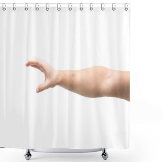 Personality  Cropped View Of Man Showing Hold Gesture Isolated On White Shower Curtains