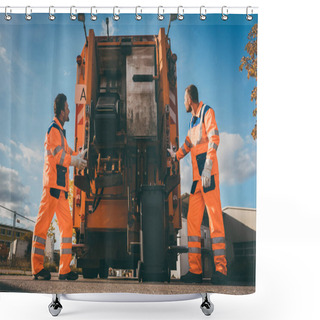 Personality  Two Refuse Collection Workers Loading Garbage Into Waste Truck Shower Curtains