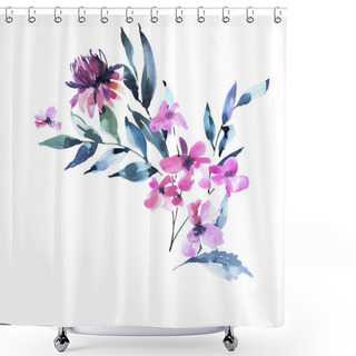 Personality  Watercolor Vintage Lilac Turquoise Flowers, Wildflowers. Natural Shower Curtains