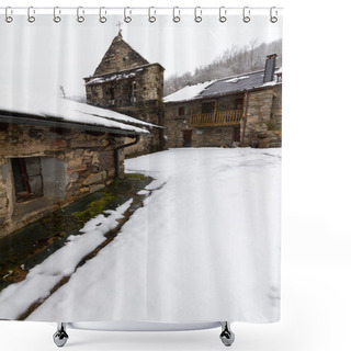 Personality  Snowy Stone Streets And Buildings In A Picturesque Town In The Spanish Province Of Len, Called Colinas Del Campo Shower Curtains