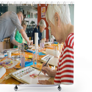 Personality  Senior Women Painting At Table Shower Curtains