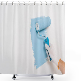 Personality  Cropped View Of Man Painting Wall In Blue Color At Home Shower Curtains
