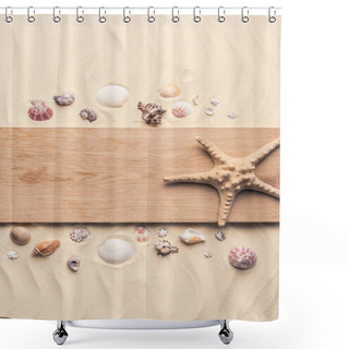 Personality  Starfish On Wooden Pier On Sandy Beach With Seashells  Shower Curtains
