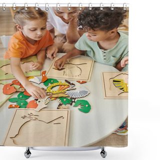 Personality  High Angle View Of Multiethnic Kids Playing Near Teacher During Lesson In Montessori School Shower Curtains