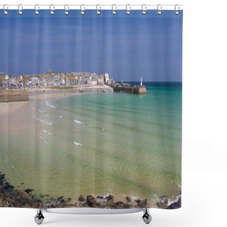 Personality  ST IVES, CORNWALL, UK - APRIL 18, 2017. St Ives Is A Typical And Popular Cornish Tourist Destination Because Of Its Beautiful , Sandy Beaches And Harbour.  St Ives Bay Is Shown Here On A Beautiful Sunny Day With Clear Blue Skies. Shower Curtains