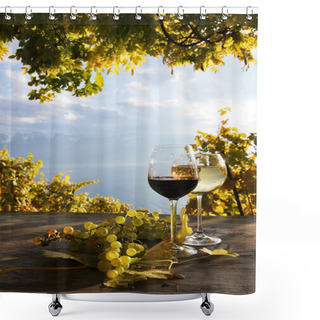 Personality  Pair Of Wineglasses And Bunch Of Grapes. Lavaux Region, Switzer Shower Curtains