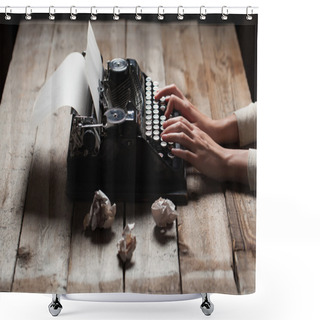 Personality  Hands Writing On Old Typewriter Over Wooden Table Background Shower Curtains