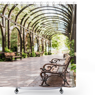 Personality  Selective Focus Of Wooden Bench Near Green Leaves And Walkway With Paving Stones  Shower Curtains