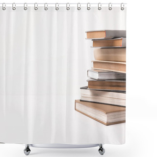 Personality  Stack Of Different Books Isolated On White  Shower Curtains