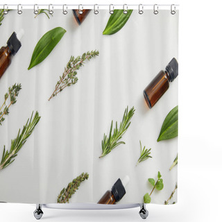 Personality  Flat Lay With Bottles Of Essential Oil, Thyme And Rosemary On Grey Background Shower Curtains